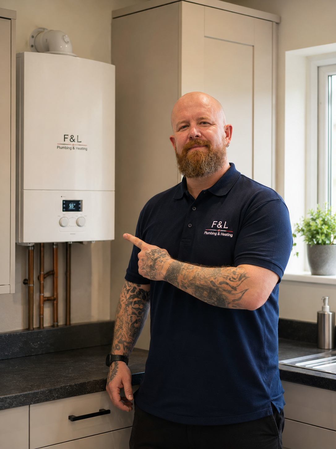 F&L Plumbing & Heating engineer standing next to a wall-mounted F&L branded boiler in an Eastbourne kitchen